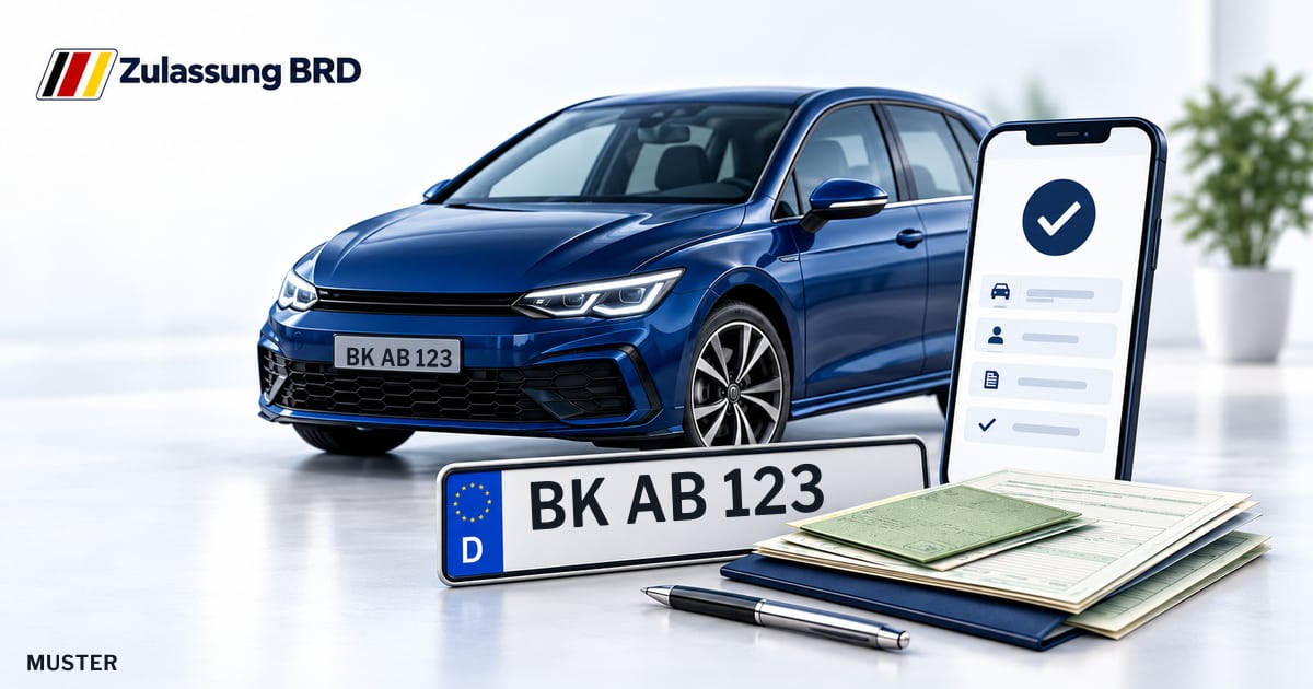 Online Fahrzeugzulassung in Kernen im Remstal: Musterkennzeichen BK AB 123, Auto und Fahrzeugpapiere und Smartphone. Illustration mit Logo von Zulassung BRD.